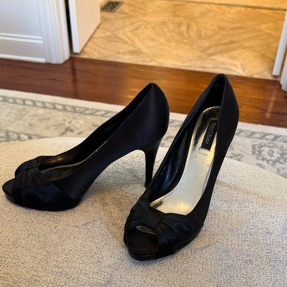 White House Black Market Black Satin Peep-Toe Heels with Knot Detail